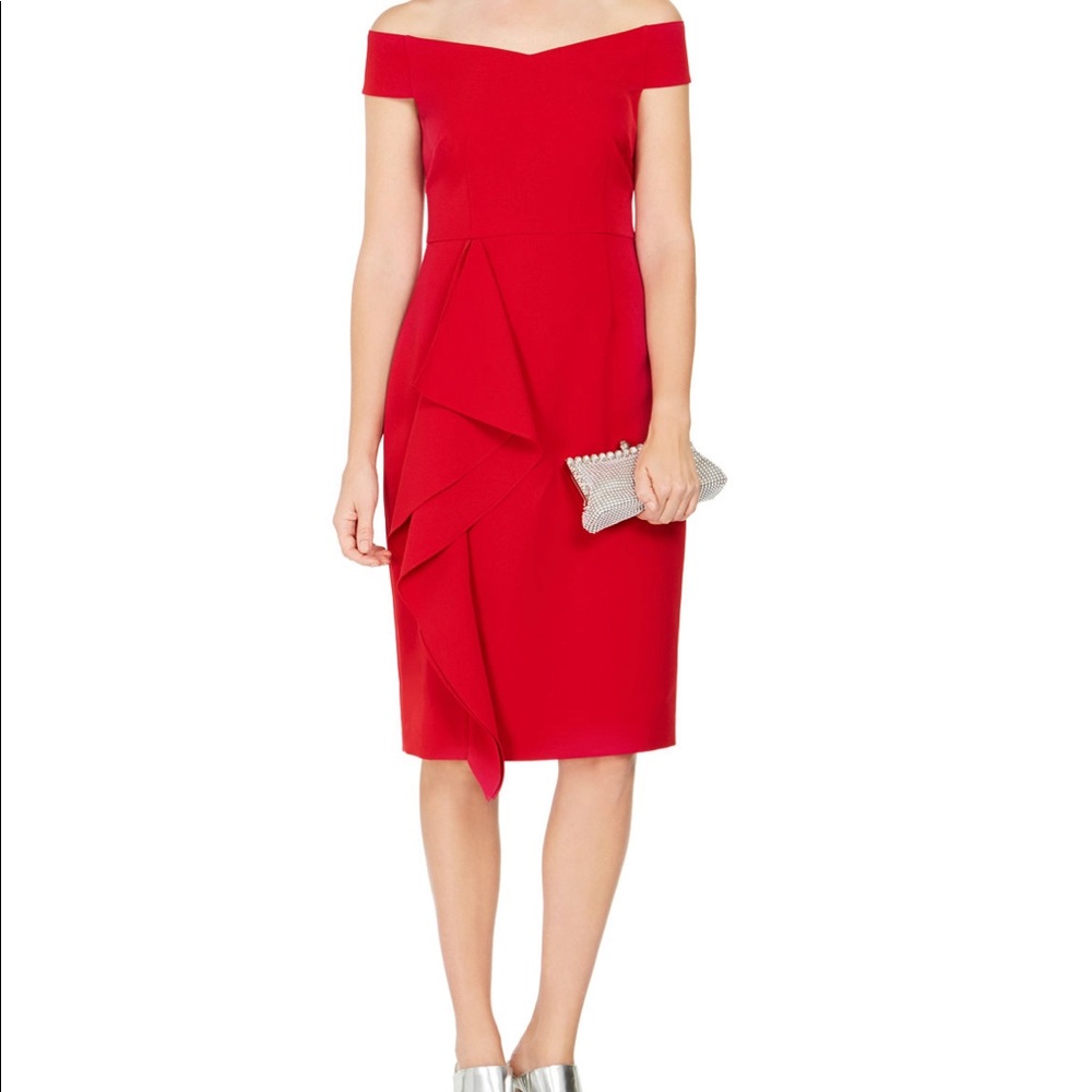 Vince Camuto Off-The-Shoulder Side-
Ruffle Sheath Dress Size 8 Color Ref